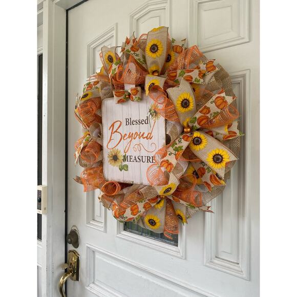 Blessed Beyond Measure Fall Wreath – 24” Sunflower & Pumpkin Thanksgiving Decor - Picture 6 of 7